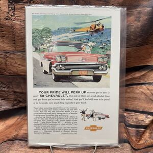1958 Chevrolet Bel Air Sport Coupe Vintage Car Magazine Print Ad Helicopter